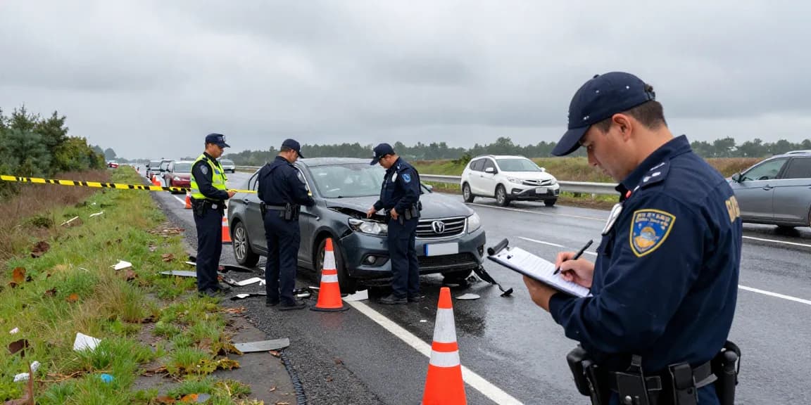 Law enforcement examining vehicle accident report at the scene of collision.