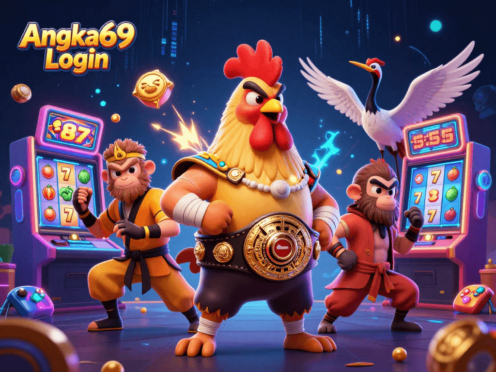 Experience excitement with Angka69 Login, showcasing vibrant slot machines and dynamic gaming characters.