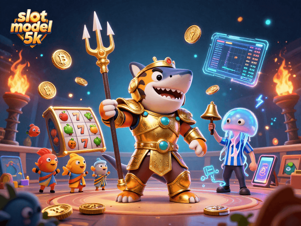 Engage with slot modal 5k as a fierce shark battles with vibrant casino elements underwater.