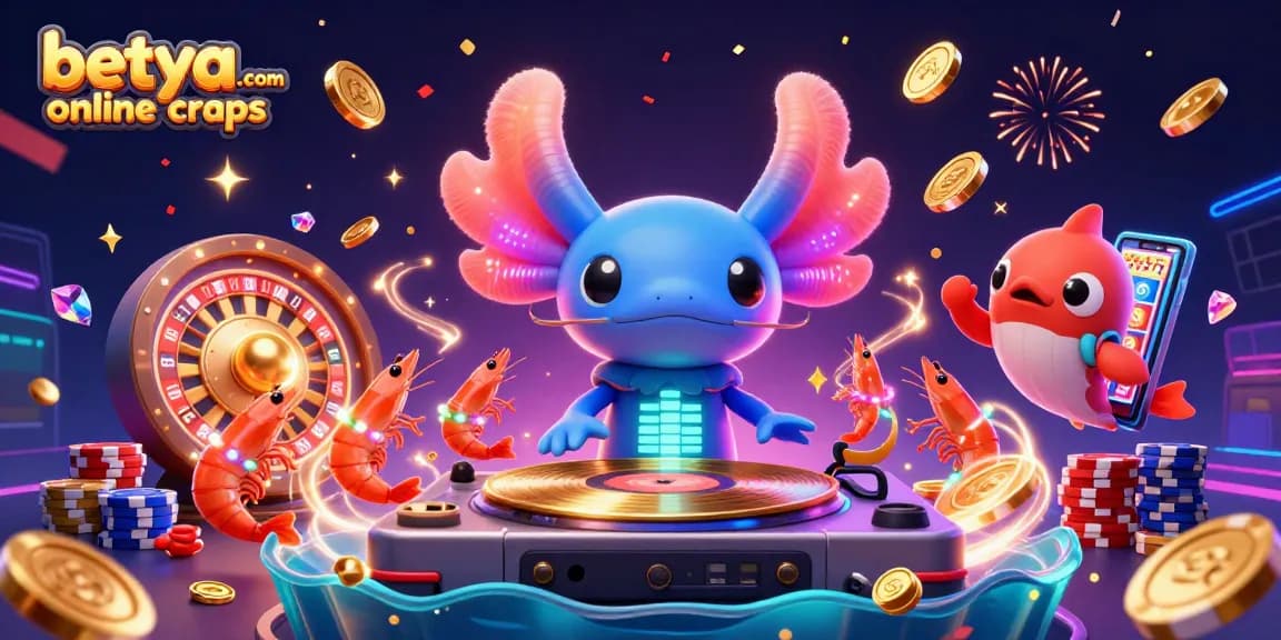 Join the fun with betya.com online craps watching an axolotl DJ and friends celebrating with gold coins and poker chips!