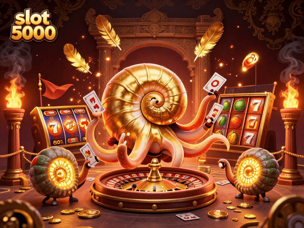 Engage in exciting slot 5000 gameplay as the ancient nautilus spins lucky jackpots and glowing golden cards.
