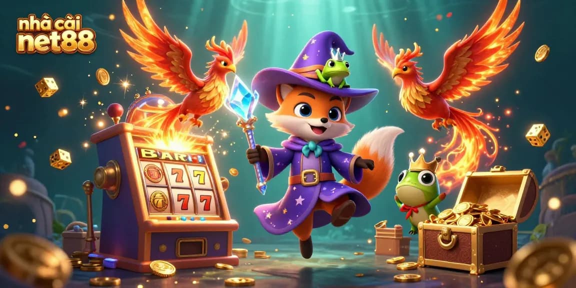 Experience excitement with nhà cái net88 in a vibrant 3D illustration of a wizarding casino scene featuring slot machines and jackpots.