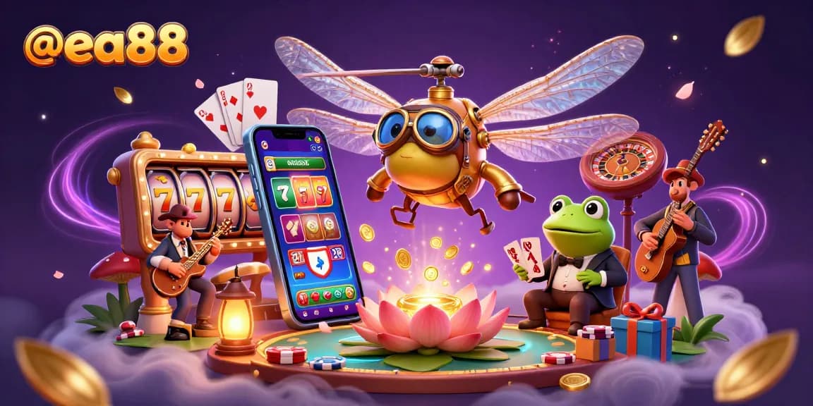 @ea88 showcases animated casino adventure with a dragonfly pilot and frog croupier amidst exciting gaming elements.