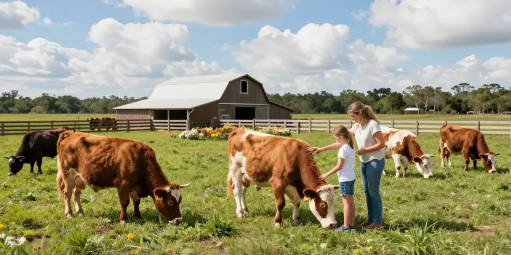 Miniature cows for sale at a family-run farm in Florida, showcasing lush pastures and happy animals.