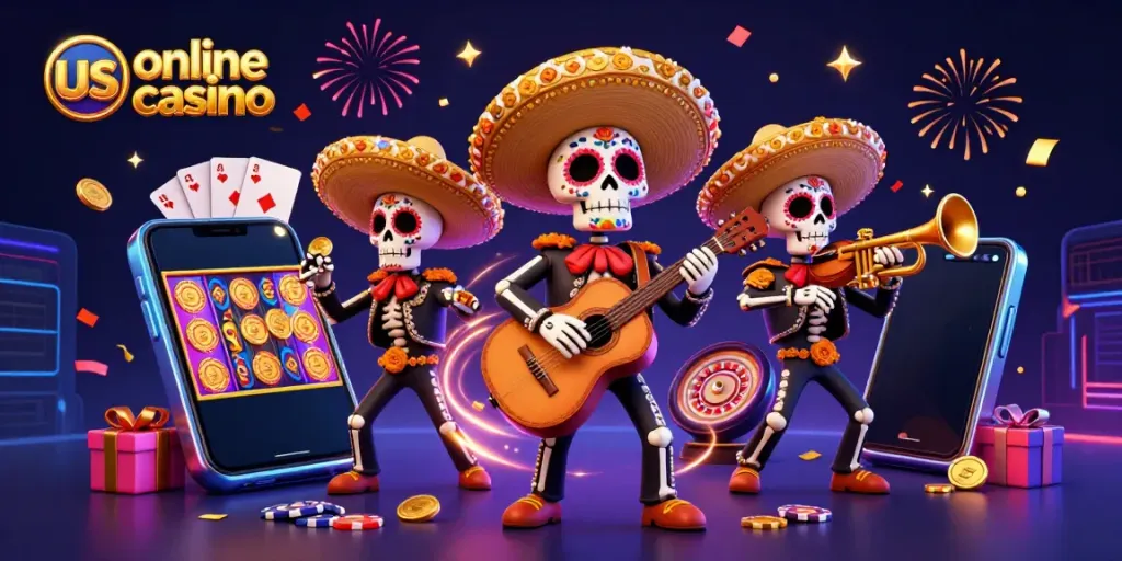 Us online casino featuring a lively skeleton mariachi band amidst vibrant casino elements.