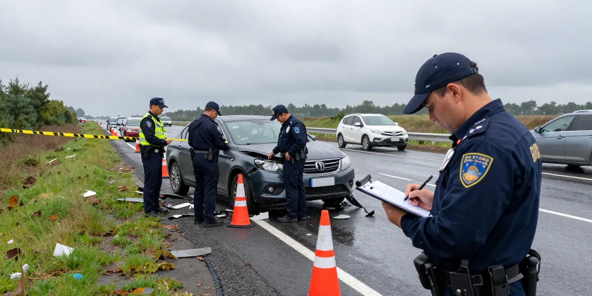 Law enforcement examining vehicle accident report at the scene of collision.