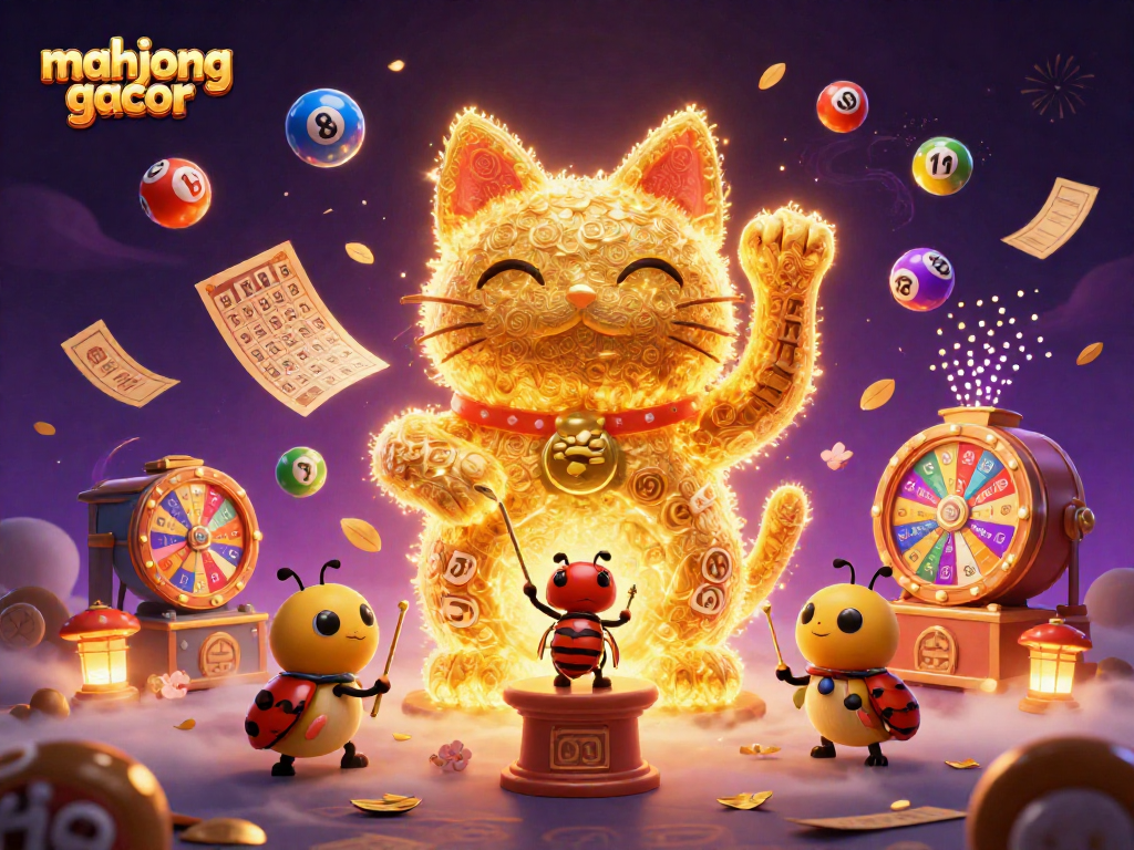 Experience the thrill of mahjong gacor with vibrant symbols dancing around a lucky cat amid a colorful casino scene.