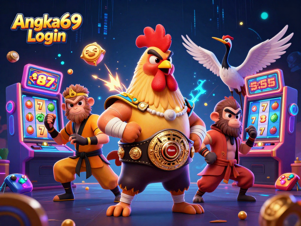 Experience excitement with Angka69 Login, showcasing vibrant slot machines and dynamic gaming characters.