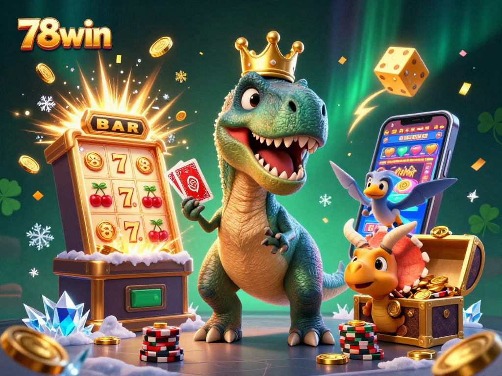 78win offers a vibrant scene of a T-Rex and friends enjoying slots, stacking chips, and celebrating wins.