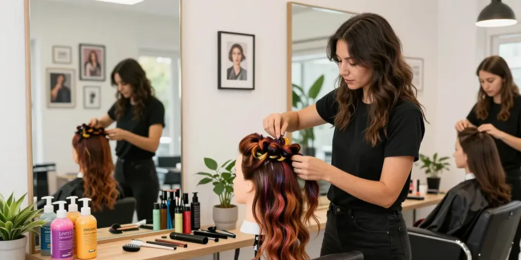 Stunning sew in weft hair extensions displayed in a vibrant salon environment with natural light and stylish decor.