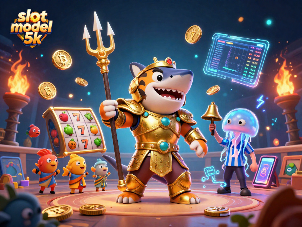 Engage with slot modal 5k as a fierce shark battles with vibrant casino elements underwater.