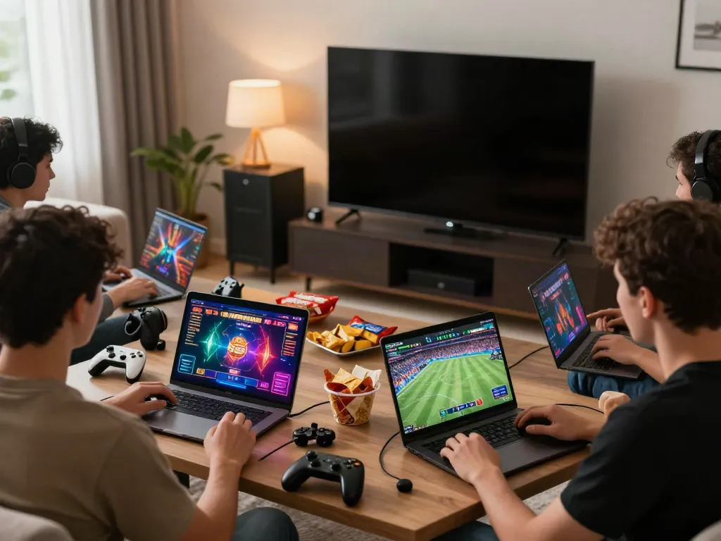 Friends exploring da88's online gaming experience in a cozy living room.