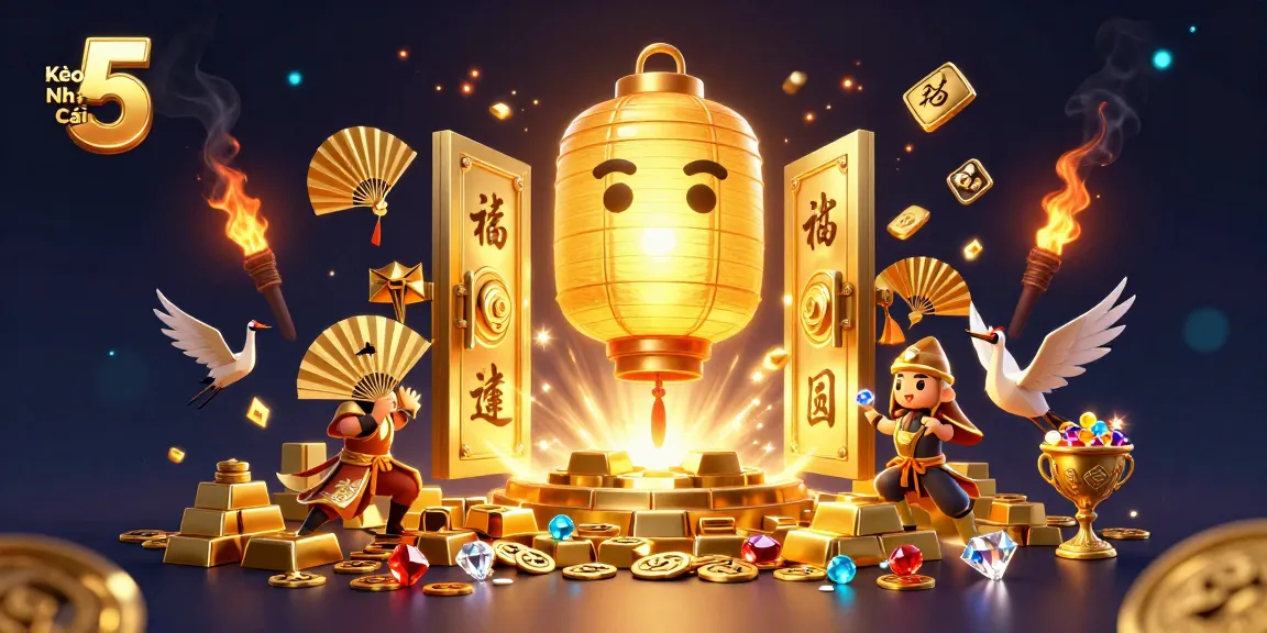 Kèo Nhà Cái 5 showcases a vibrant online casino scene with golden treasure elements and enchanting characters.
