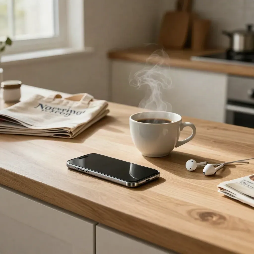 Coffee, phone, earbuds and tote on a sunlit kitchen counter with steam rising.