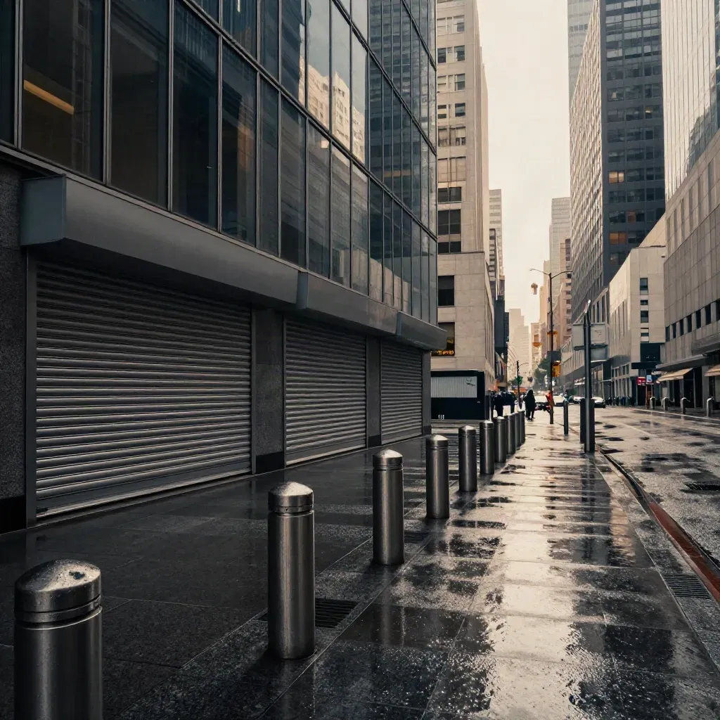 Rain-slick Wall Street corner with glass towers, shut shutters, and bollards at first light.