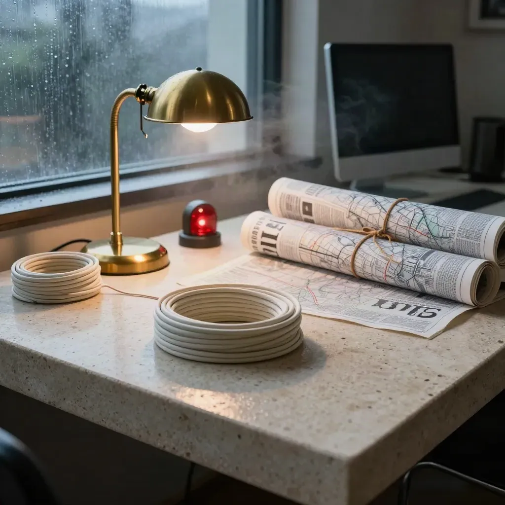 Moody newsroom desk with wire bundles, brass lamp, maps and misty monitors at dawn.