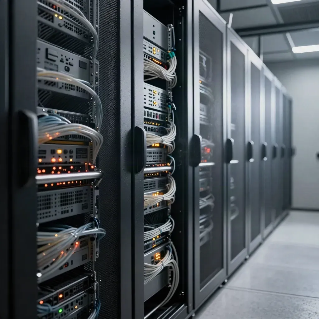 Blazing server aisle with pulsing rack lights and cooling fans in a data center corridor.