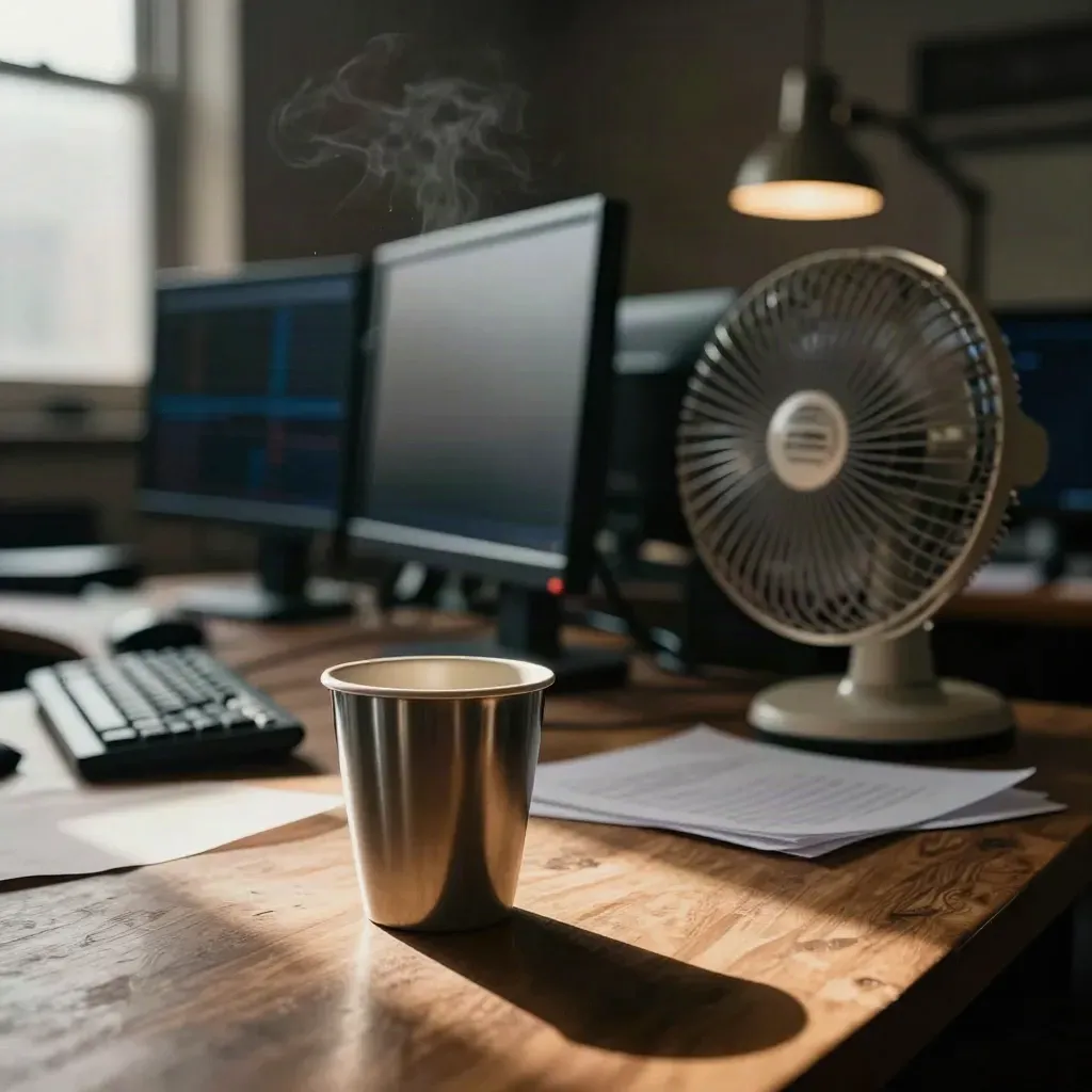 Closing-time trading desk with dark monitors, coffee cup, fan and quiet late-day office light.