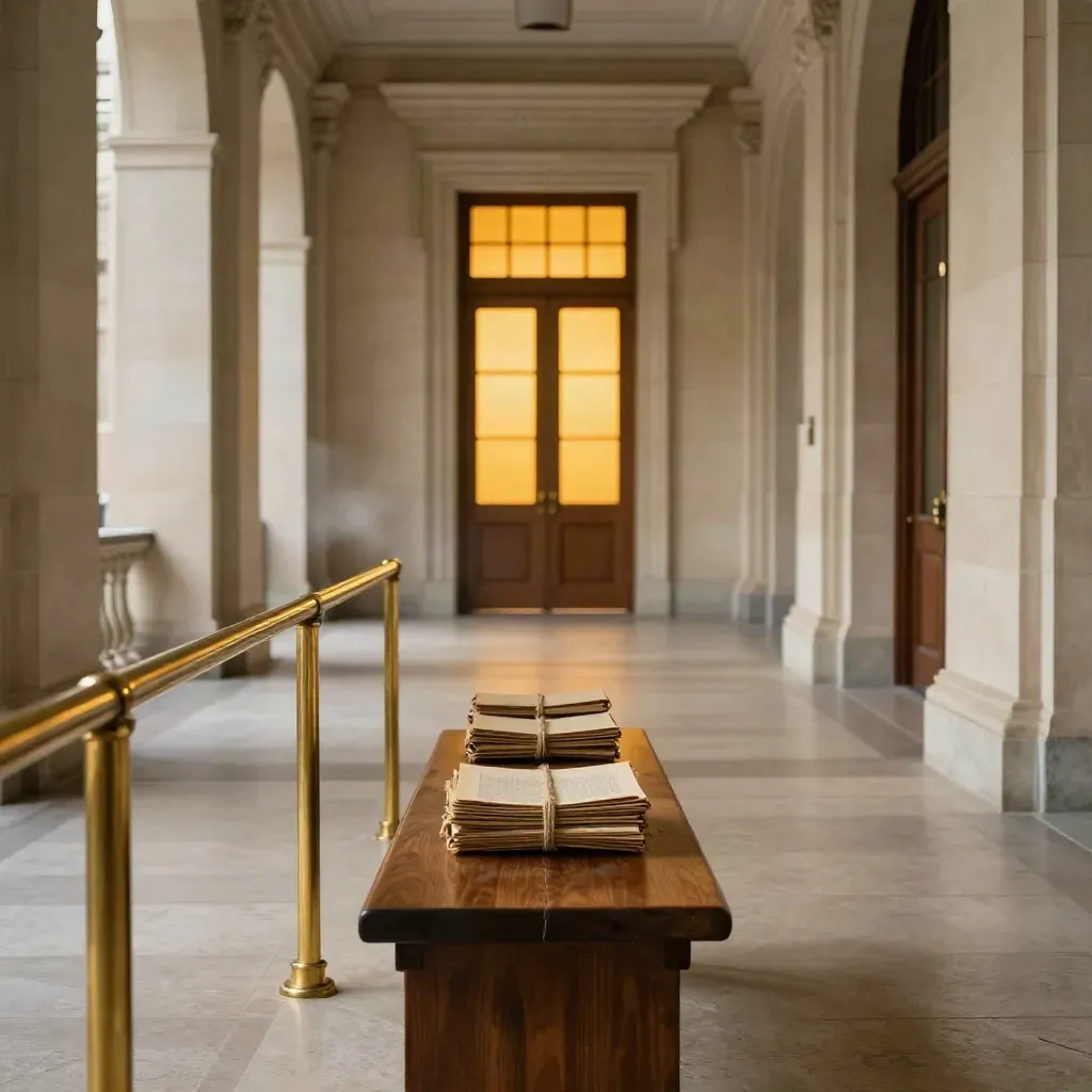 Empty Capitol corridor with brass rails, sealed folders on a bench, and glowing chamber doors