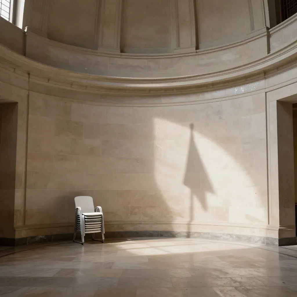 Statehouse rotunda floor with chair stack and flag shadow in warm light