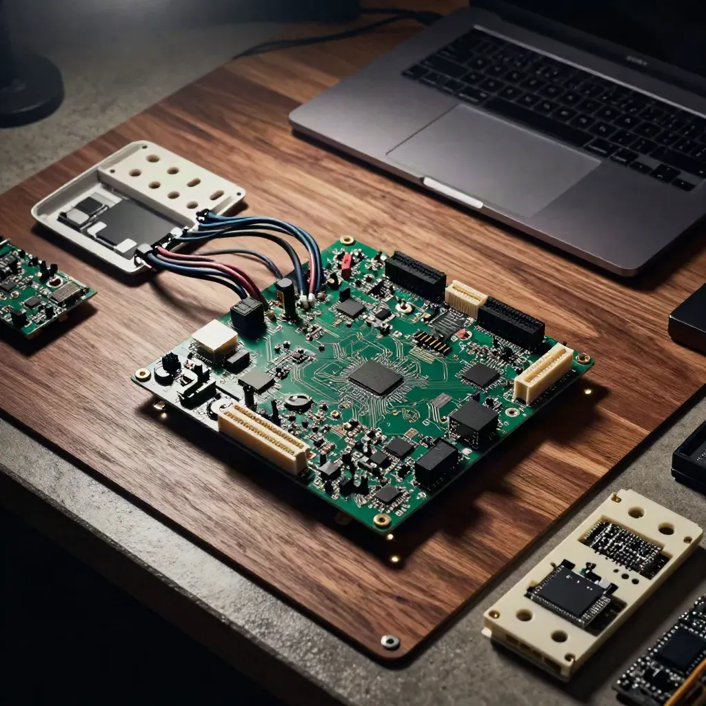 Overhead tech workbench with circuit boards, ribbon cables, a closed laptop, and trays after testing.
