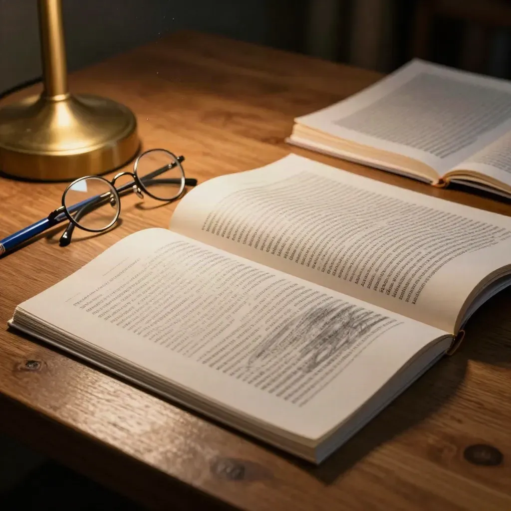 Top-down editorial desk with face-down galleys, blue pencil, glasses, and brass lamplight at dusk.