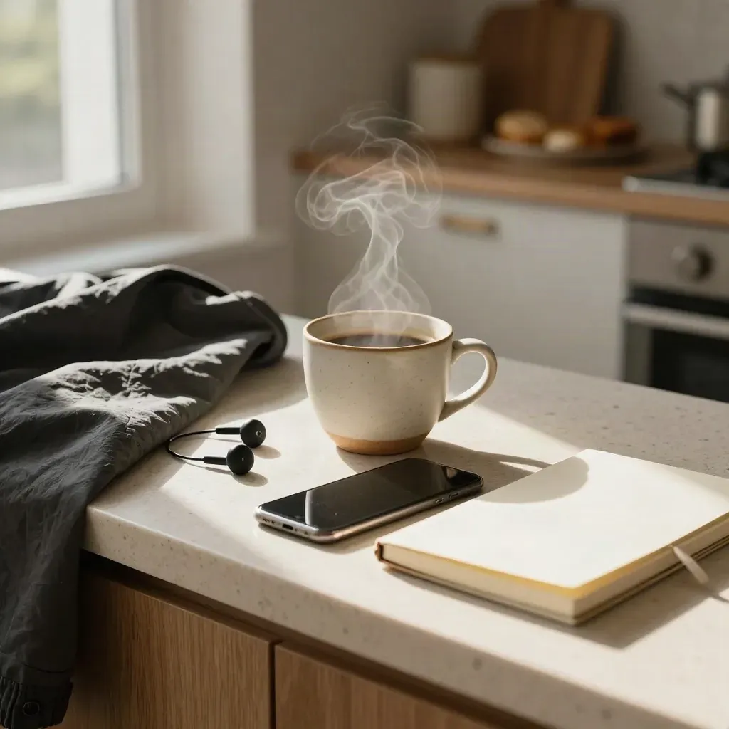 Steam rising from coffee beside earbuds, a jacket, phone, and notebook on a windowsill.