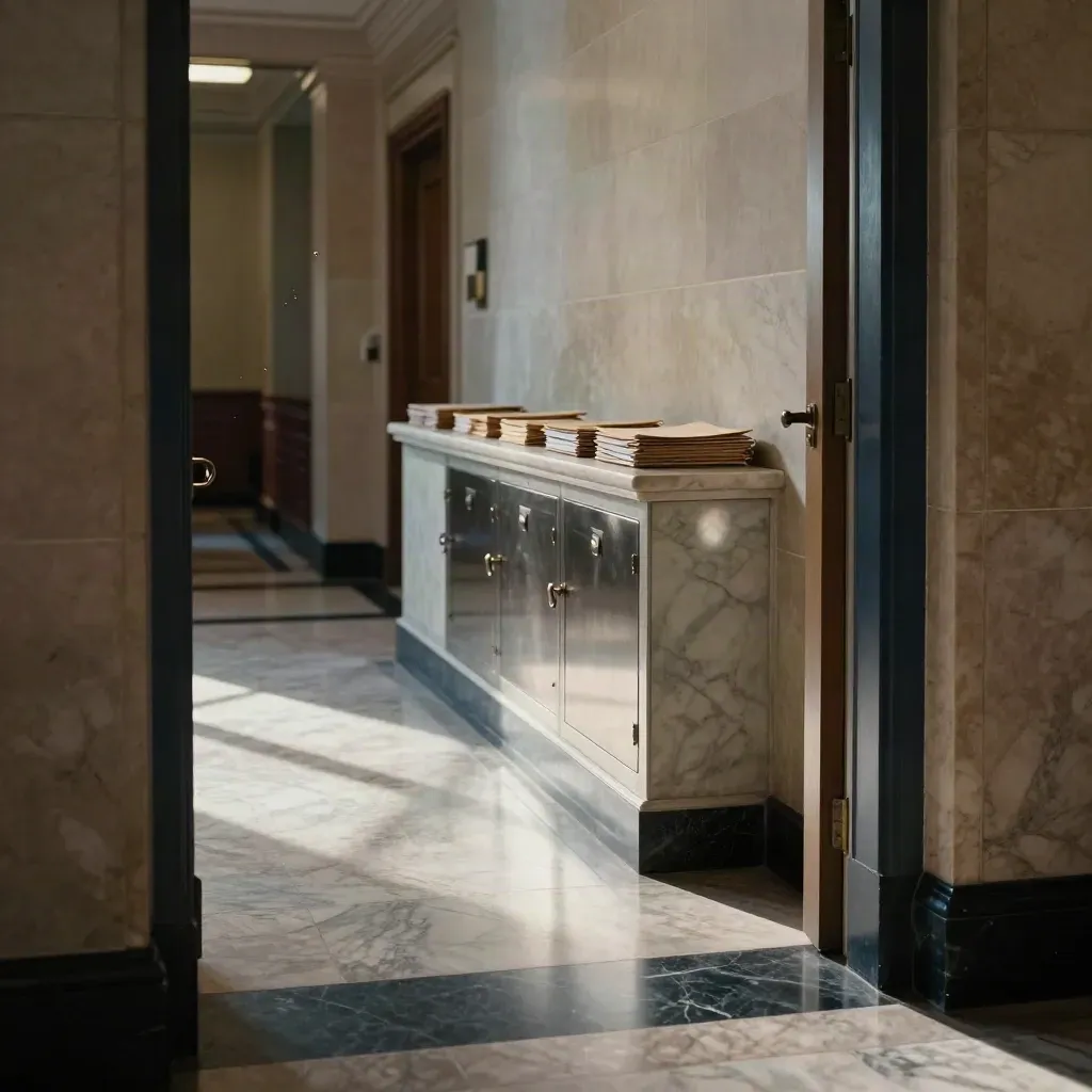 Marble congressional corridor with closed vote cabinet, folders, and bronze handles in quiet afternoon light.