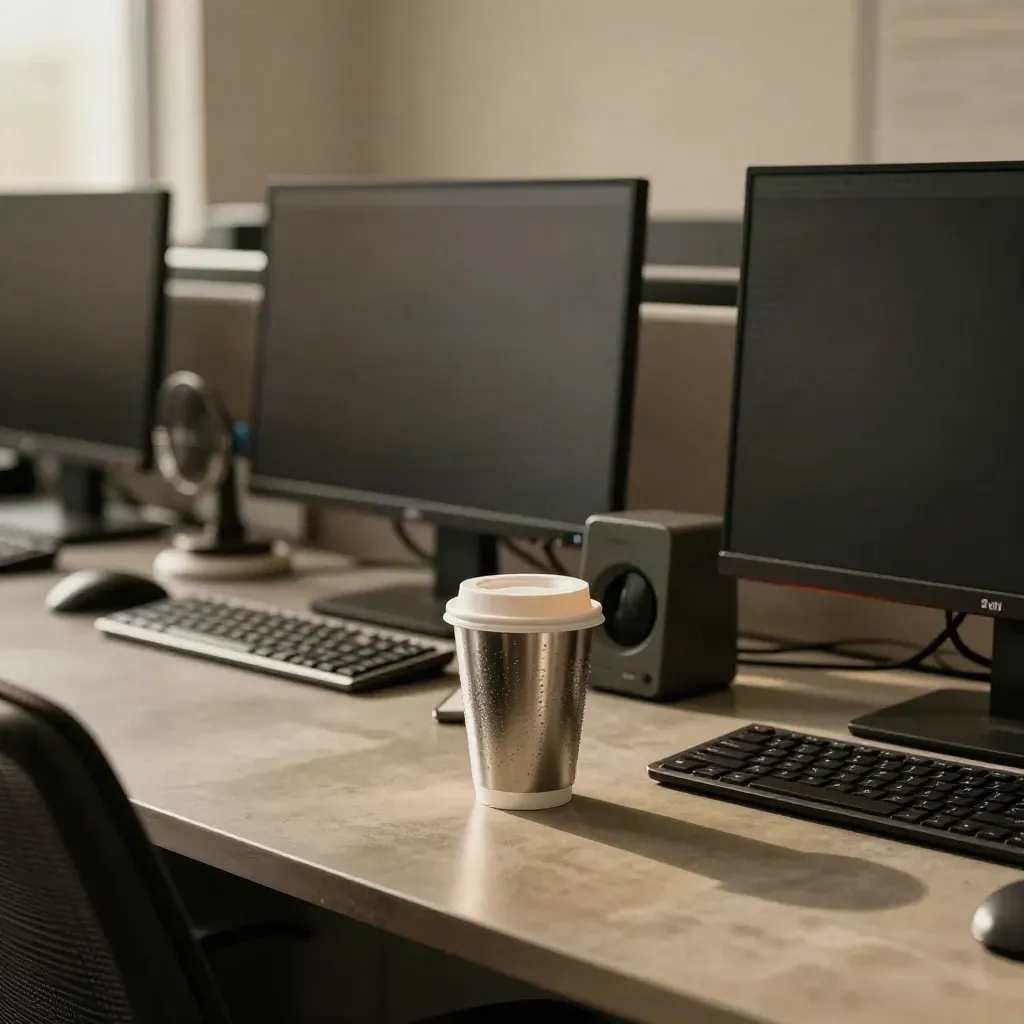 Empty market desk with dark monitors, coffee cup, fan, and pushed-in chairs after closing