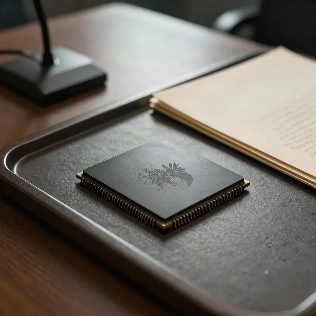 Macro of an AI hearing table with a chip, closed folder, mic base and frosted glass.