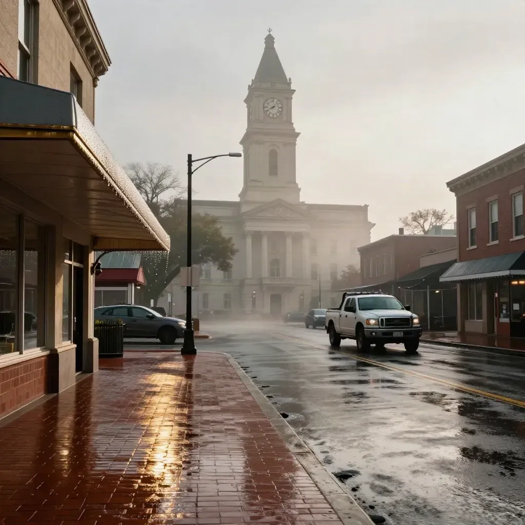 Rain-cleared small-town main street with courthouse tower, diner awning, utility truck and gold reflections.