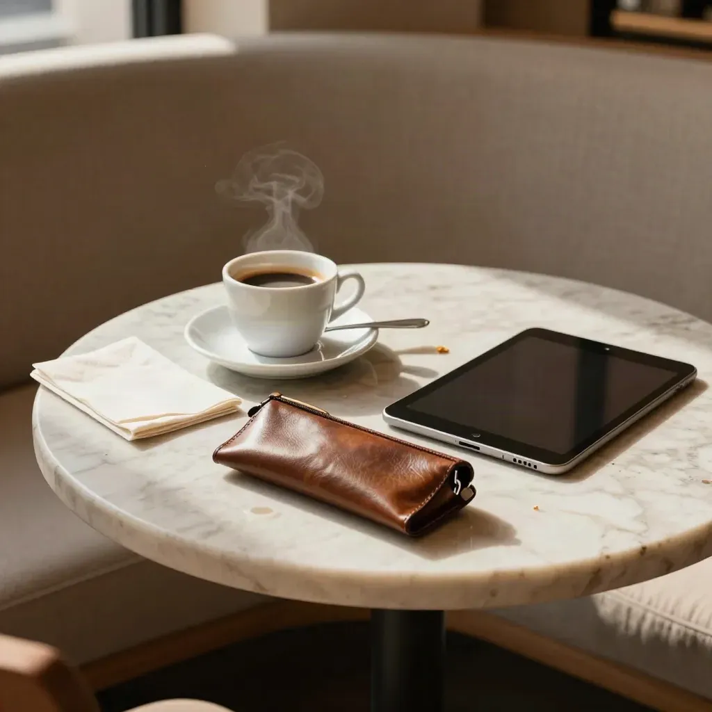 Espresso cup, napkin, sunglasses case and dark tablet on a bistro table