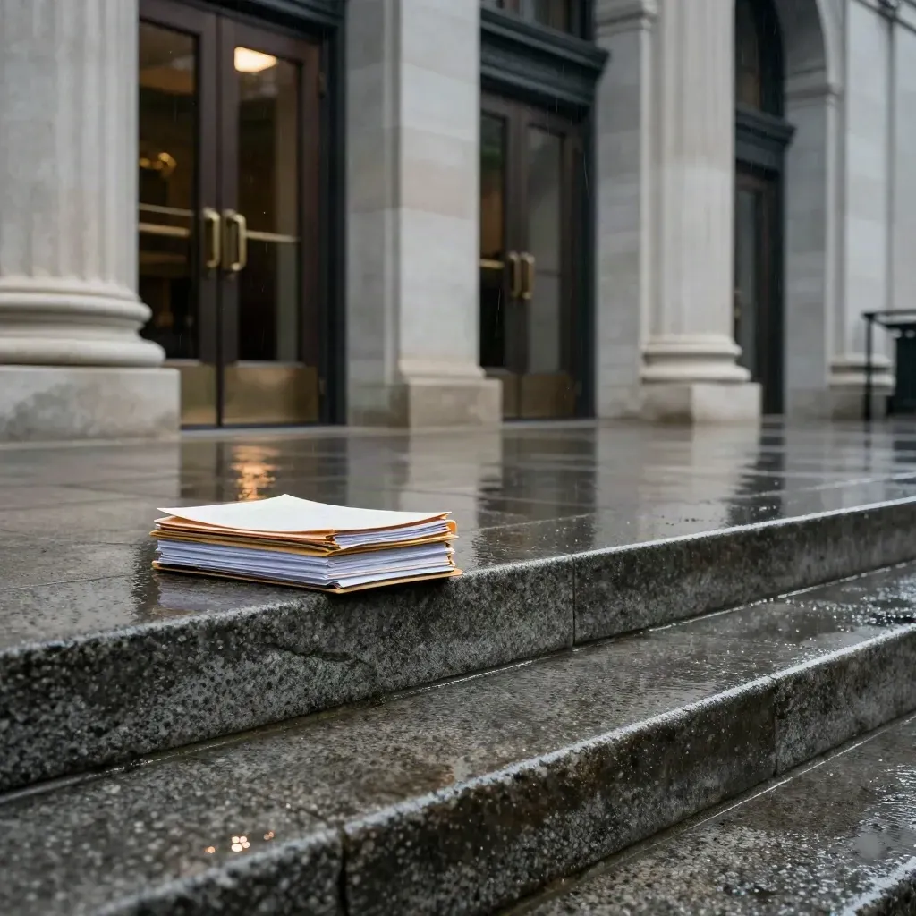 Rainy federal courthouse steps with sealed case folders on a stone ledge and bronze doors