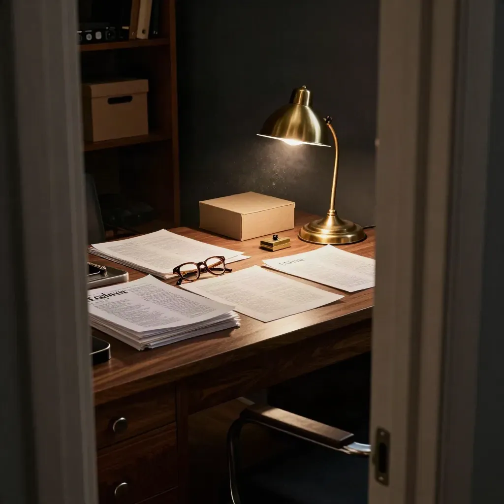 High-angle editorial desk with proofs, glasses, lamp and archive boxes in warm light.