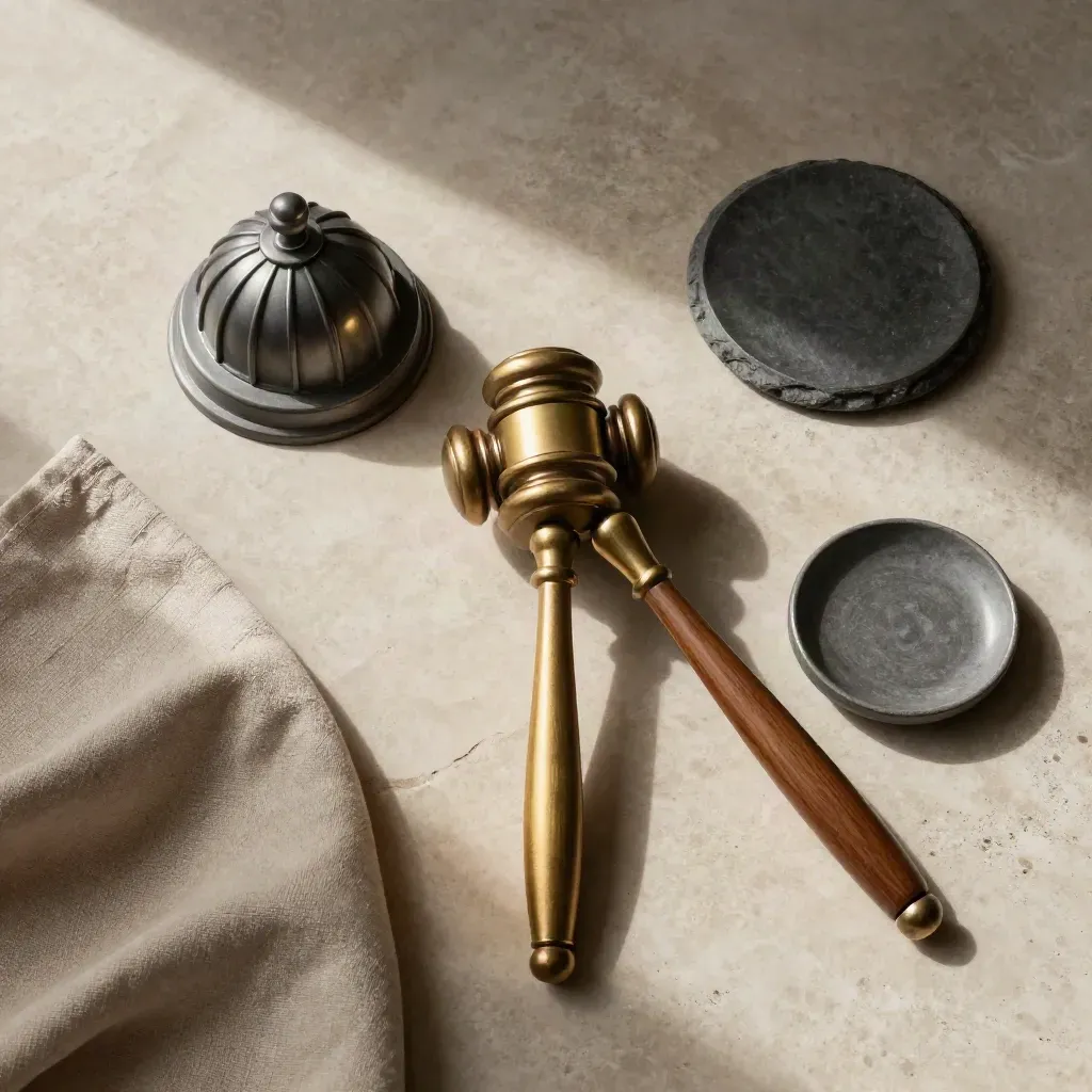 Overhead flatlay of a brass gavel, capitol dome paperweight, linen cloth, and ceramic dish on pale stone.