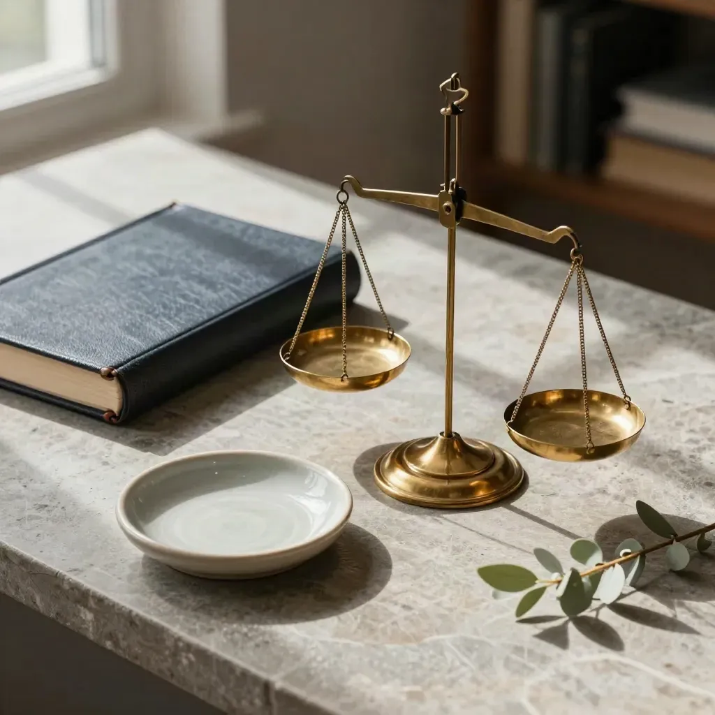 Brass balance scale with ledger, coin dish and greenery on brushed stone
