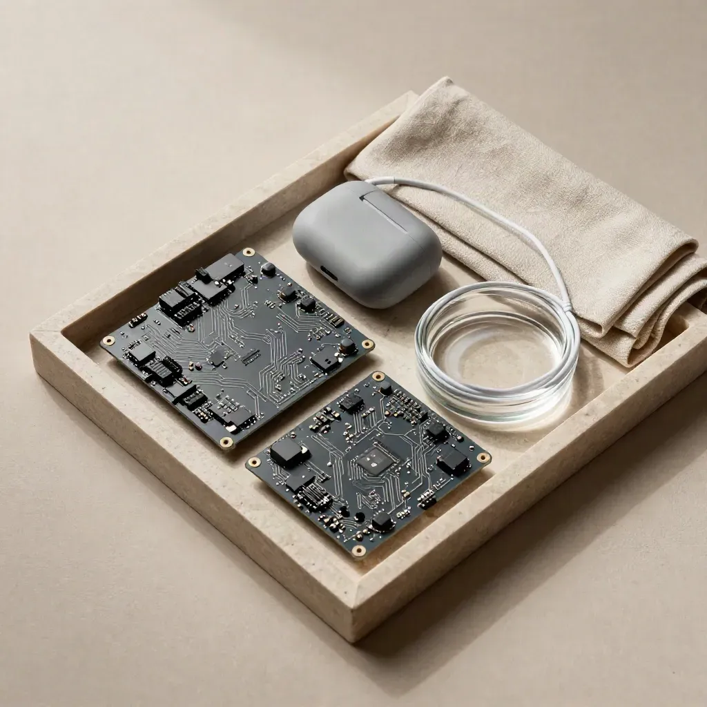 Top-down tech teardown still life with circuit boards, earbud case, cable and glass dish on stone.