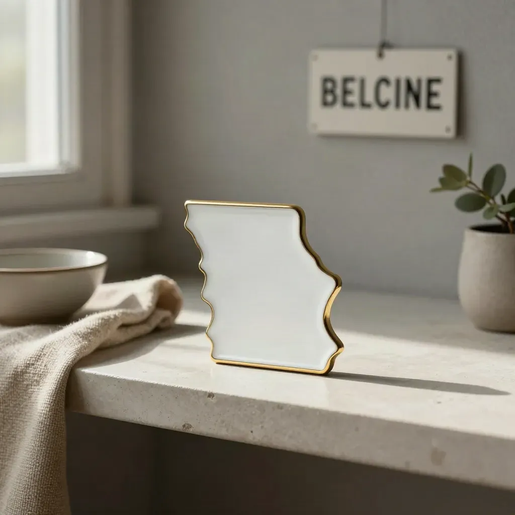 Enamel state paperweight with cloth, bowl, and potted sprig on a plaster shelf.