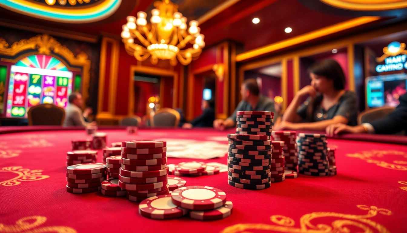 Exciting poker game at https://sv66.hu.net/ showcasing vibrant chips and cards in a luxurious casino atmosphere.