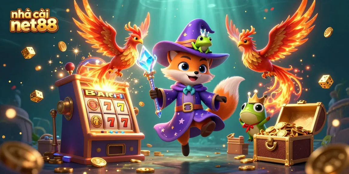 Experience excitement with nhà cái net88 in a vibrant 3D illustration of a wizarding casino scene featuring slot machines and jackpots.