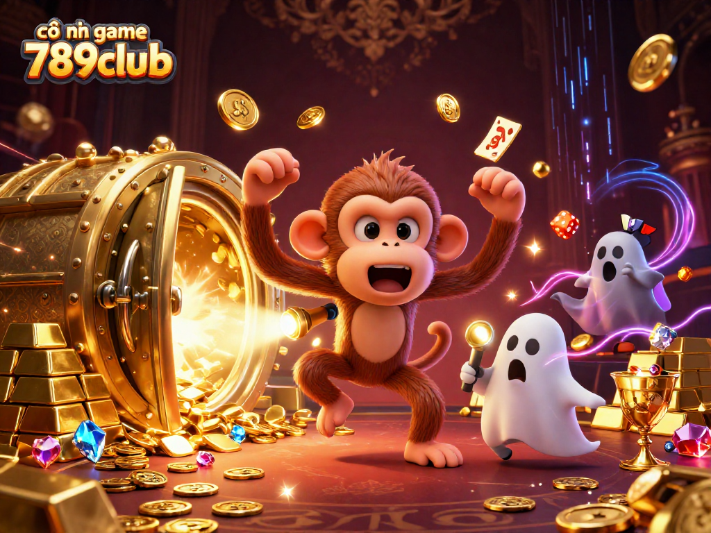 Experience the thrill at cổng game 789club with a lively casino scene featuring a playful poltergeist monkey.