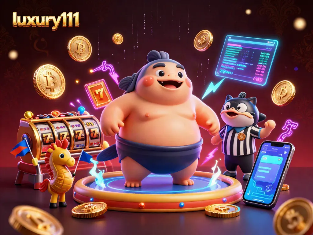 Experience thrilling slot action with luxury111 in a vibrant casino-themed 3D digital illustration.