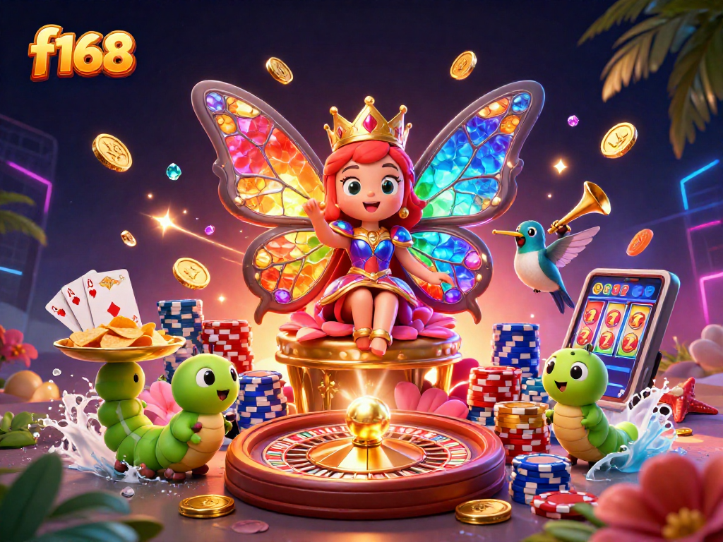 Experience the vibrant world of f168 through this dynamic 3D casino illustration featuring a butterfly queen surrounded by games.