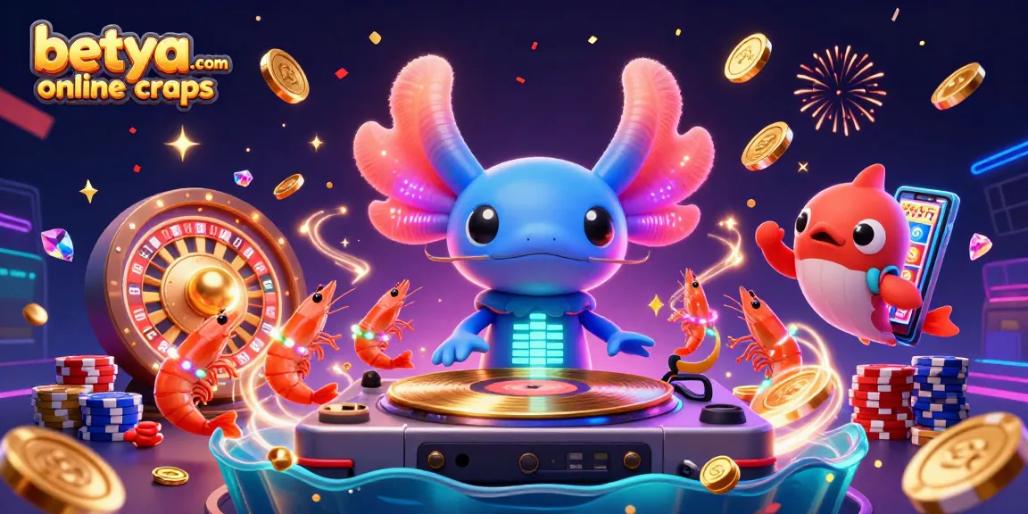Join the fun with betya.com online craps watching an axolotl DJ and friends celebrating with gold coins and poker chips!