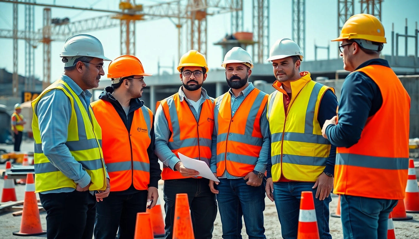 Workers participating in construction safety training at a job site, highlighting teamwork and safety protocols.