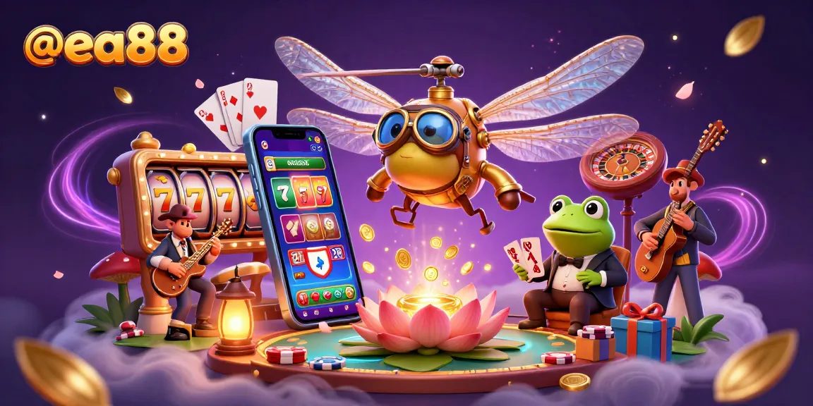 @ea88 showcases animated casino adventure with a dragonfly pilot and frog croupier amidst exciting gaming elements.
