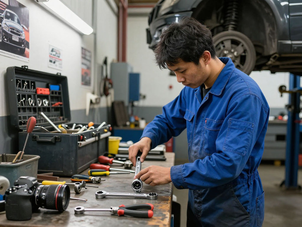 Mechanic using the USAG 285x combination wrench set in a well-lit automotive workshop.