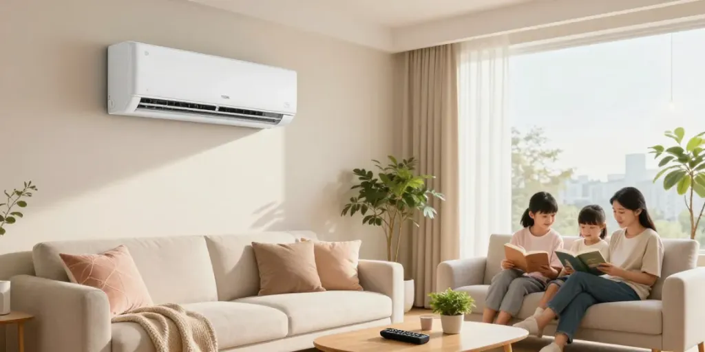 18k mini split air conditioning unit in a stylish living room, showcasing comfort and efficiency