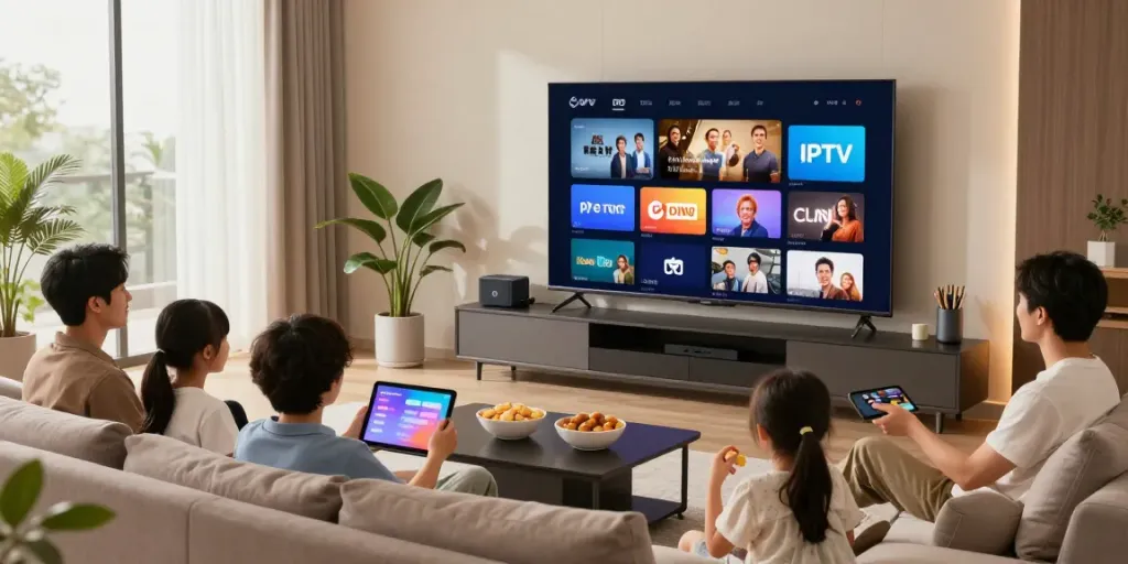 A family enjoying IPTV providers on a smart TV in a modern living room.