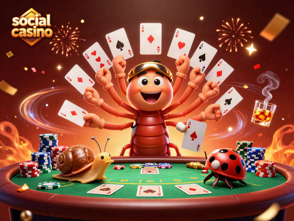 Engage in a vibrant social casino atmosphere with unique characters at a colorful poker table.